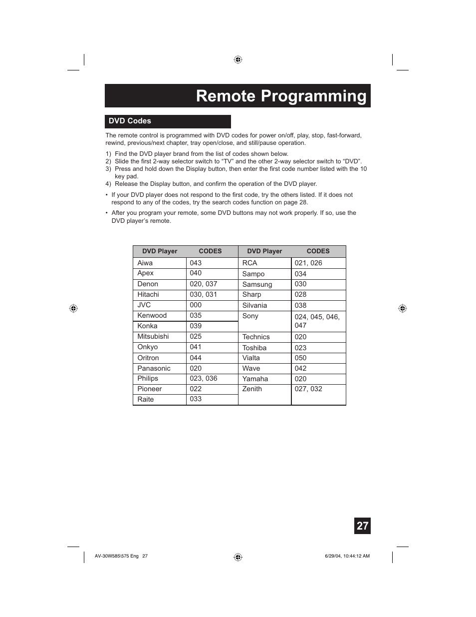 Remote programming | JVC AV 30W575 User Manual | Page 27 / 72