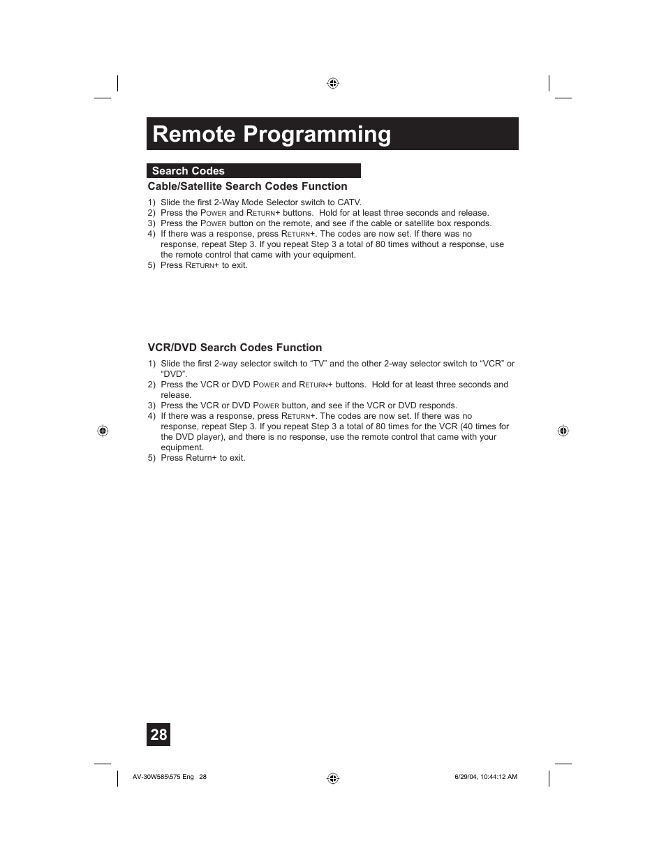 Remote programming | JVC AV 30W575 User Manual | Page 28 / 72