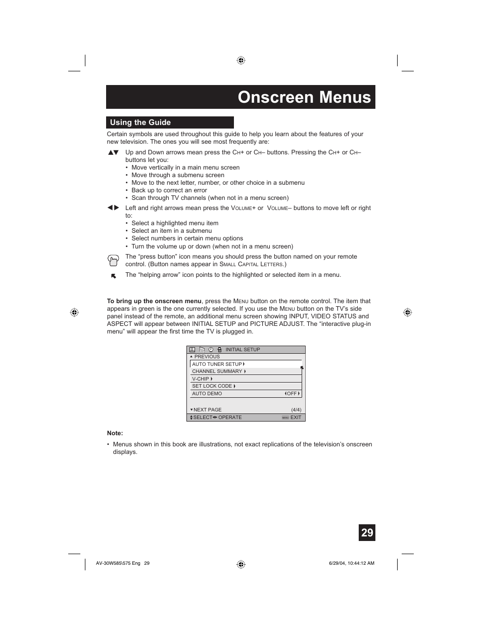 Onscreen menus, Using the guide | JVC AV 30W575 User Manual | Page 29 / 72