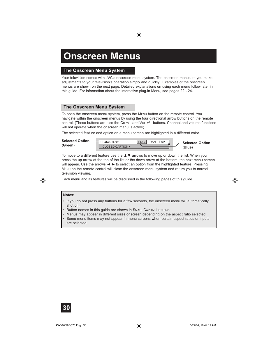Onscreen menus | JVC AV 30W575 User Manual | Page 30 / 72