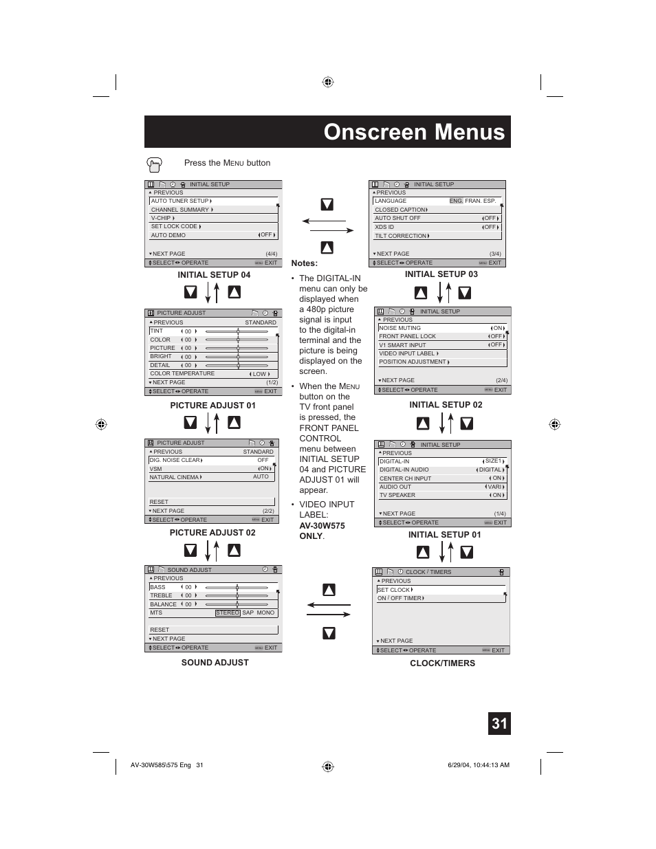 Onscreen menus, Button, Initial setup 02 initial setup 01 | Initial setup 04 picture adjust 01, Clock/timers, Sound adjust | JVC AV 30W575 User Manual | Page 31 / 72
