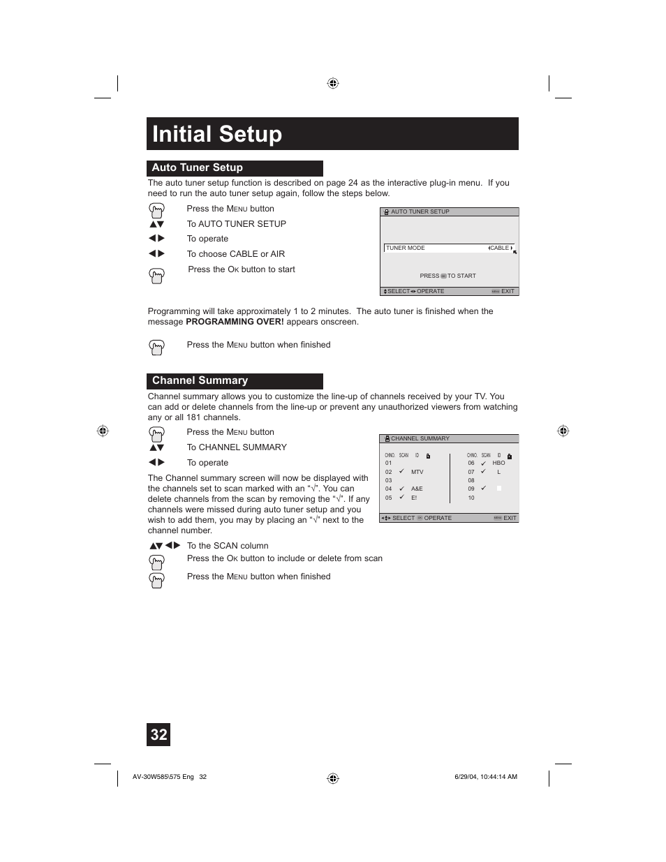 Initial setup, Auto tuner setup, Channel summary | JVC AV 30W575 User Manual | Page 32 / 72
