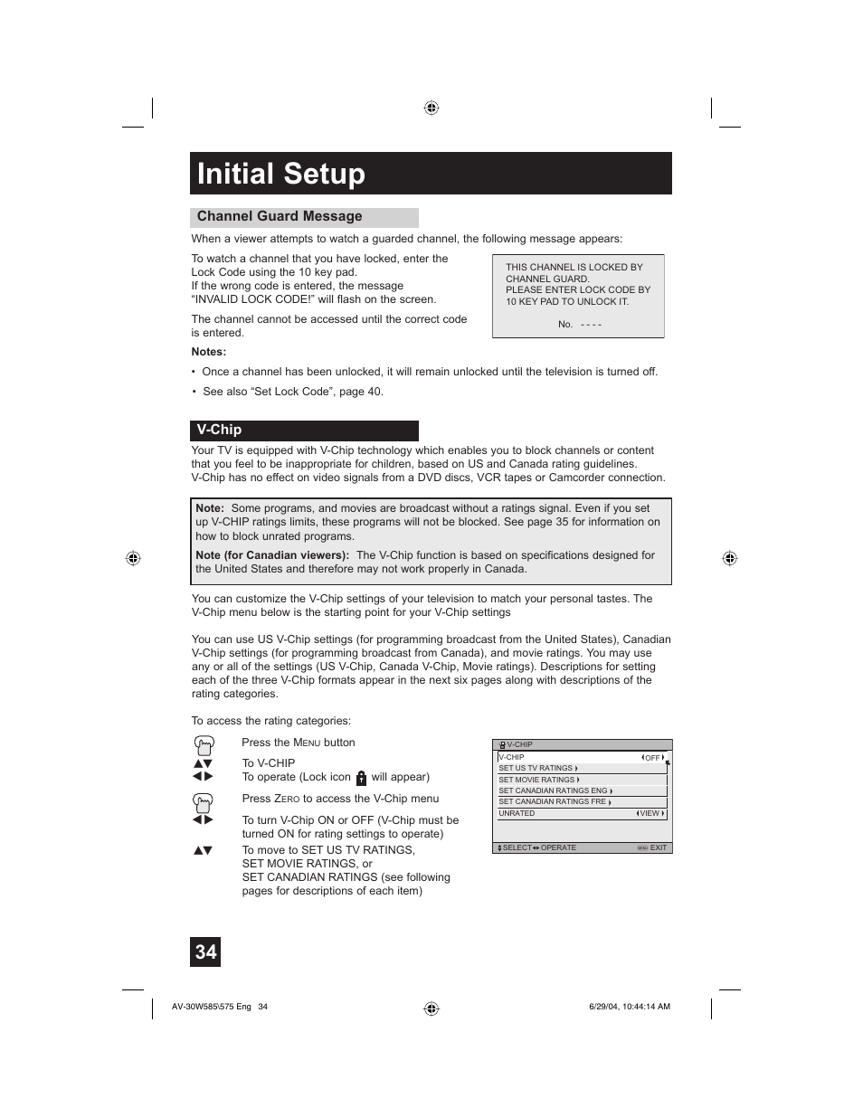 Initial setup, Channel guard message, V-chip | JVC AV 30W575 User Manual | Page 34 / 72