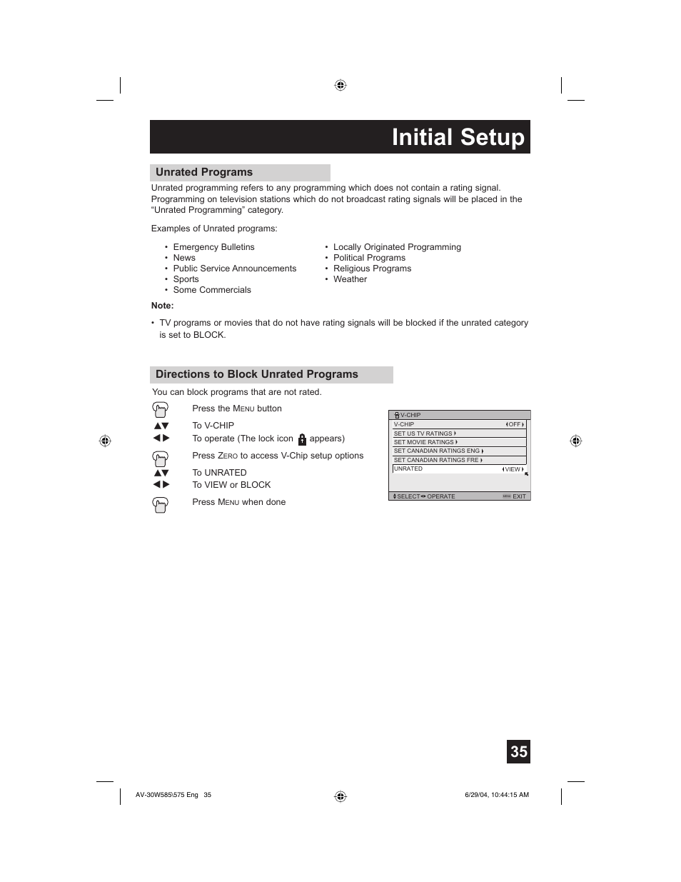 Initial setup, Directions to block unrated programs, Unrated programs | JVC AV 30W575 User Manual | Page 35 / 72