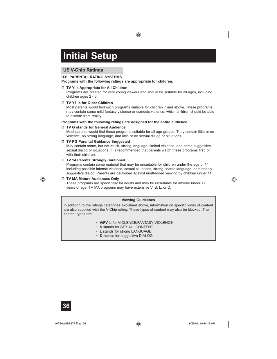 Initial setup | JVC AV 30W575 User Manual | Page 36 / 72