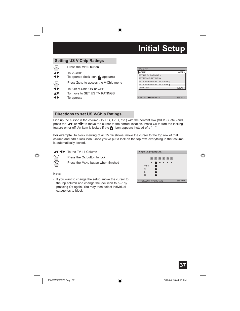 Initial setup, Directions to set us v-chip ratings, Setting us v-chip ratings | JVC AV 30W575 User Manual | Page 37 / 72