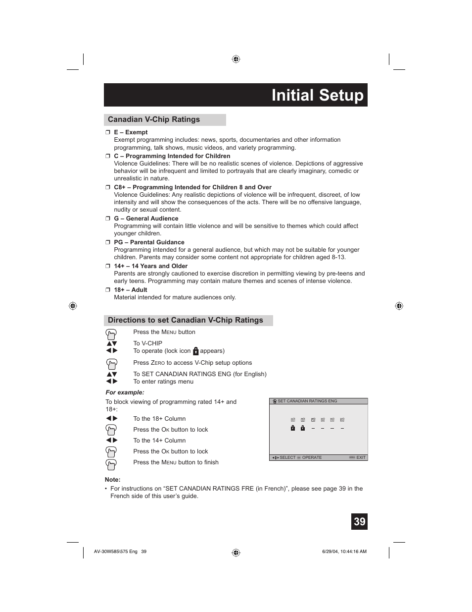Initial setup, Directions to set canadian v-chip ratings, Canadian v-chip ratings | JVC AV 30W575 User Manual | Page 39 / 72