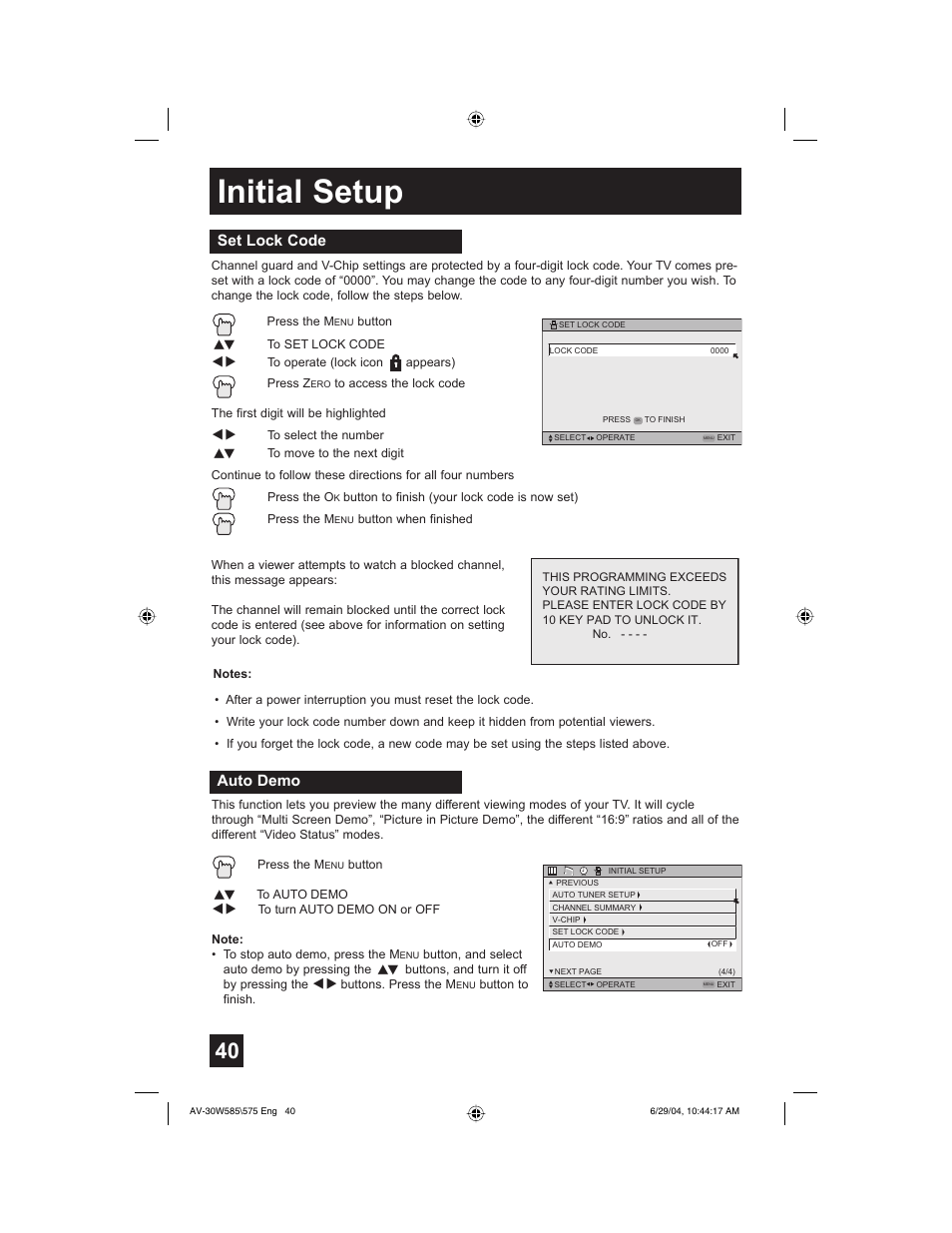 Initial setup, Set lock code, Auto demo | JVC AV 30W575 User Manual | Page 40 / 72