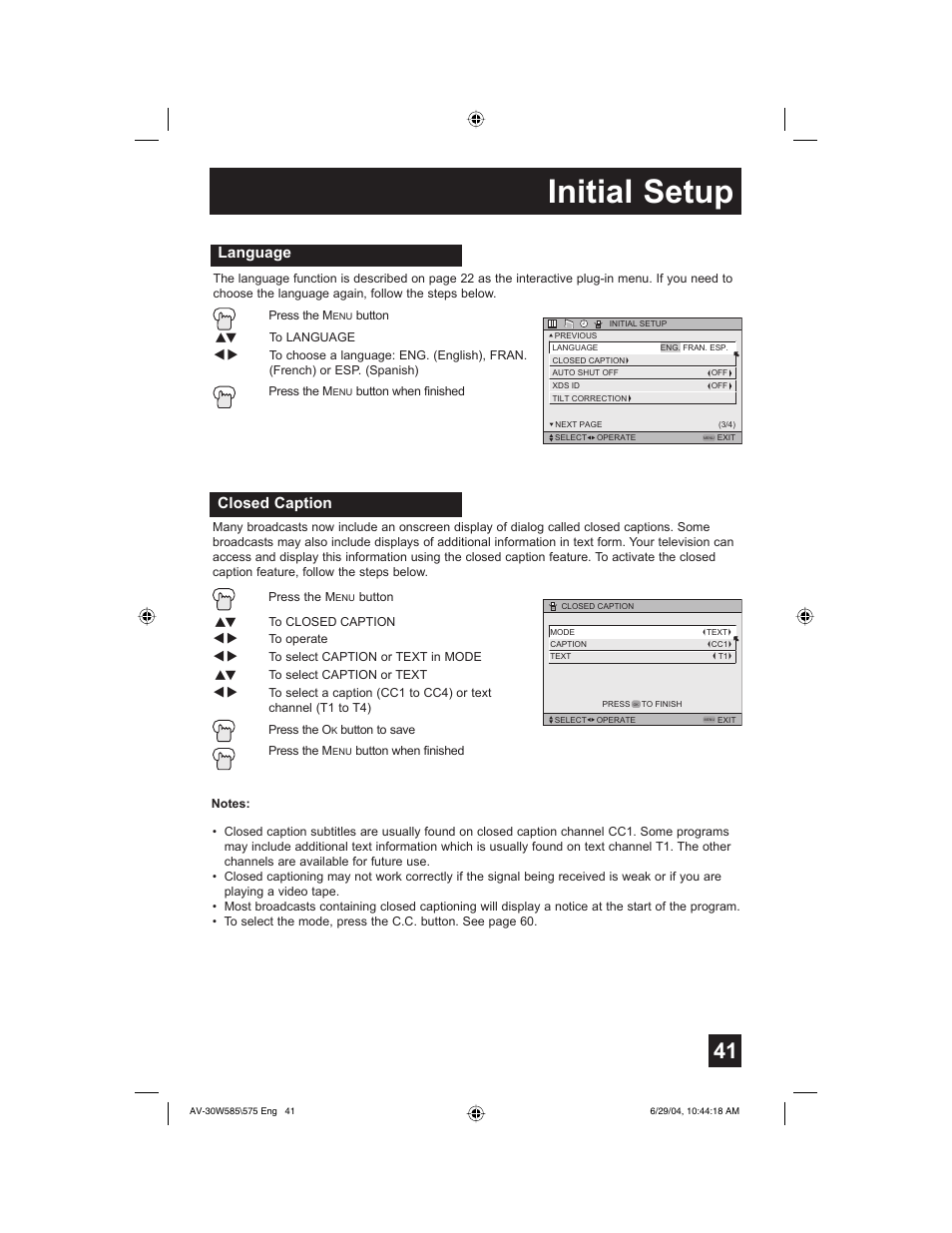 Initial setup, Closed caption, Language | JVC AV 30W575 User Manual | Page 41 / 72