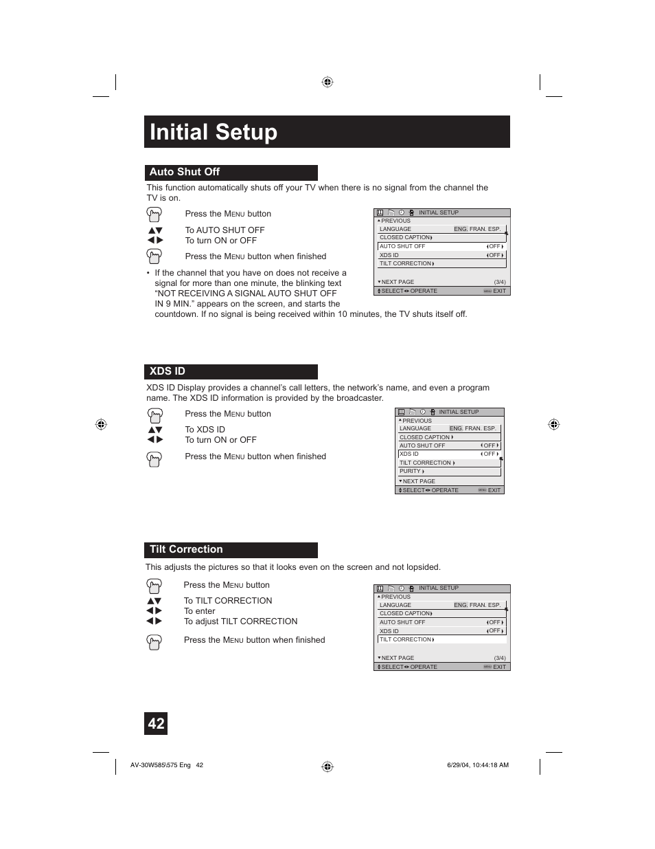 Initial setup, Xds id, Tilt correction | Auto shut off | JVC AV 30W575 User Manual | Page 42 / 72
