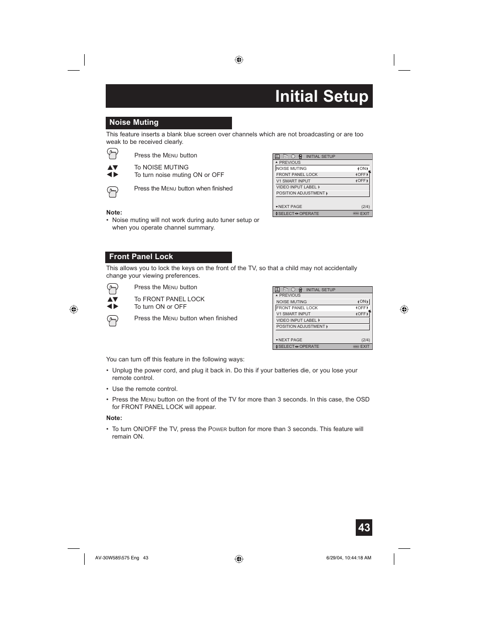 Initial setup, Noise muting, Front panel lock | JVC AV 30W575 User Manual | Page 43 / 72