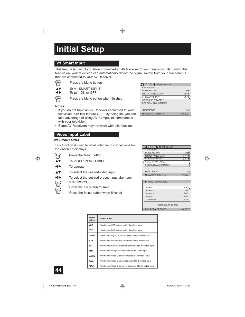 Initial setup, V1 smart input, Video input label | JVC AV 30W575 User Manual | Page 44 / 72