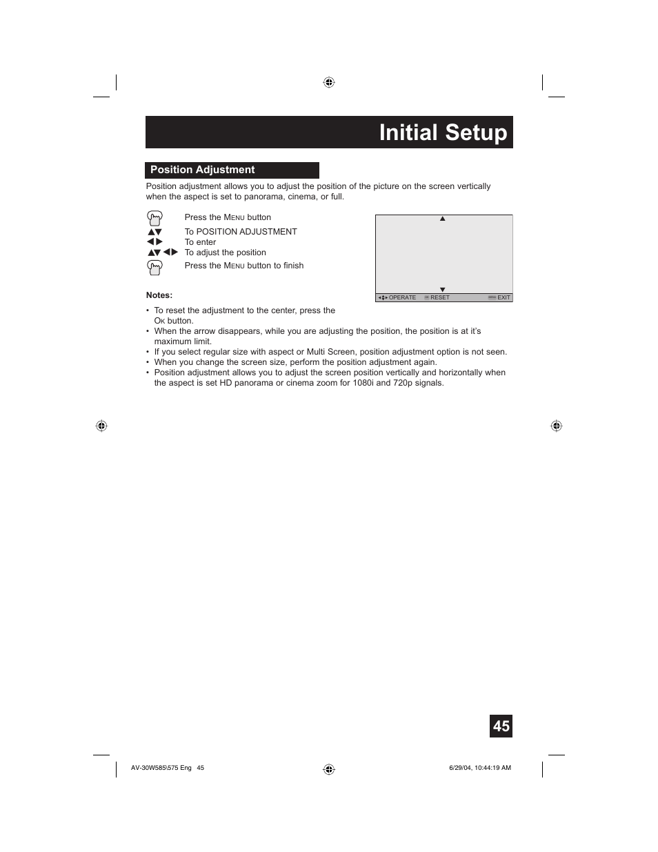 Initial setup | JVC AV 30W575 User Manual | Page 45 / 72