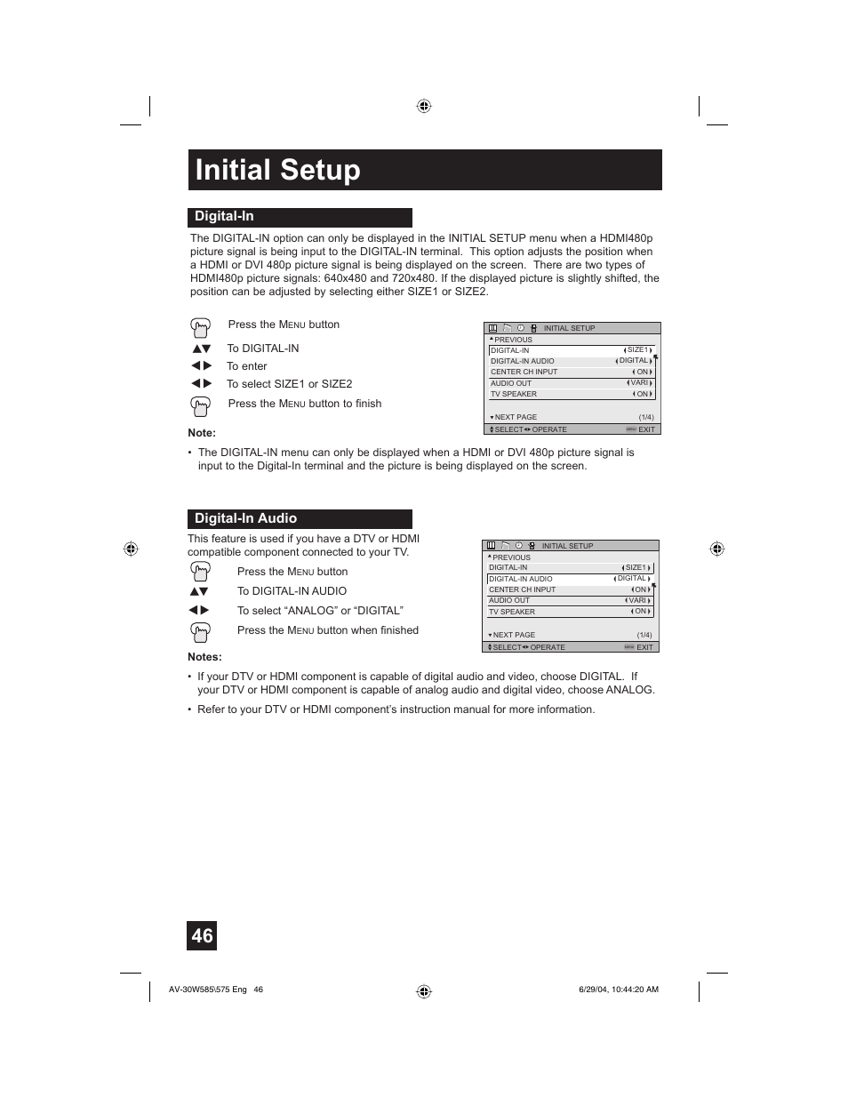Initial setup, Digital-in, Digital-in audio | JVC AV 30W575 User Manual | Page 46 / 72