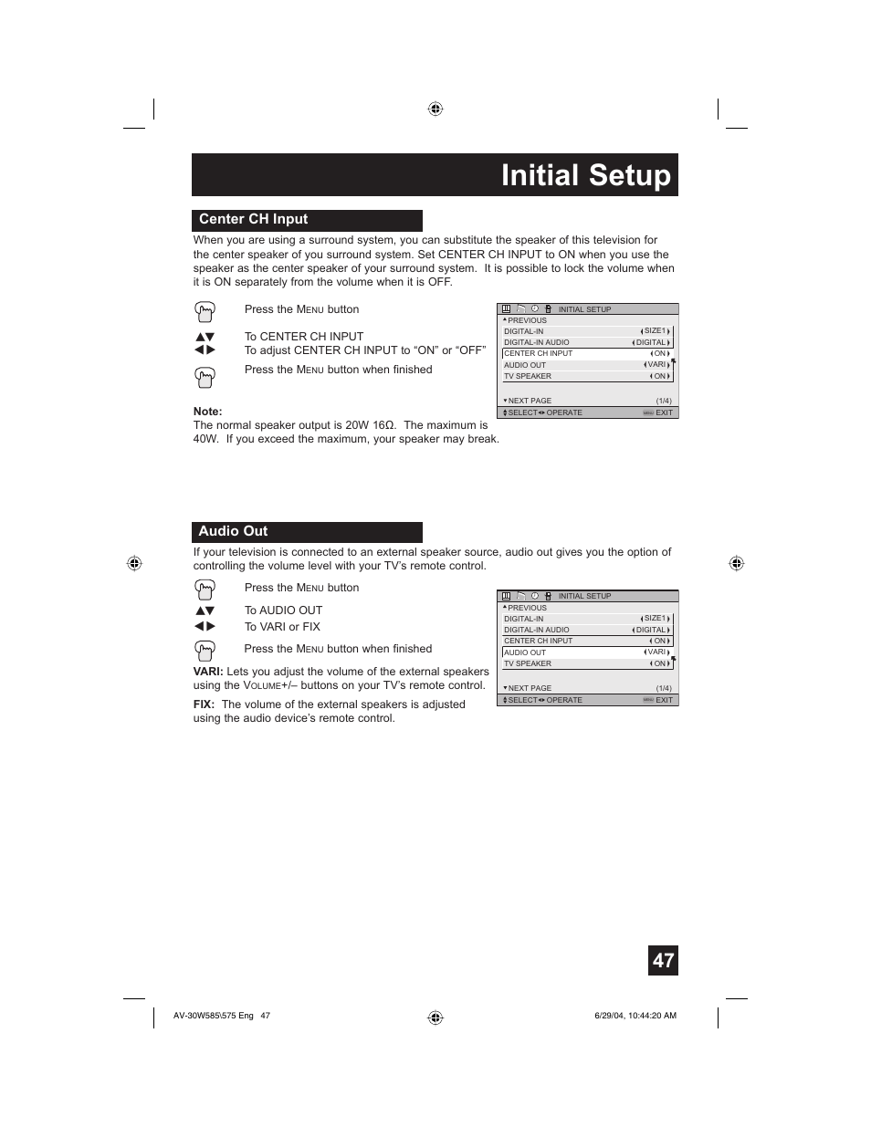Initial setup, Audio out, Center ch input | JVC AV 30W575 User Manual | Page 47 / 72