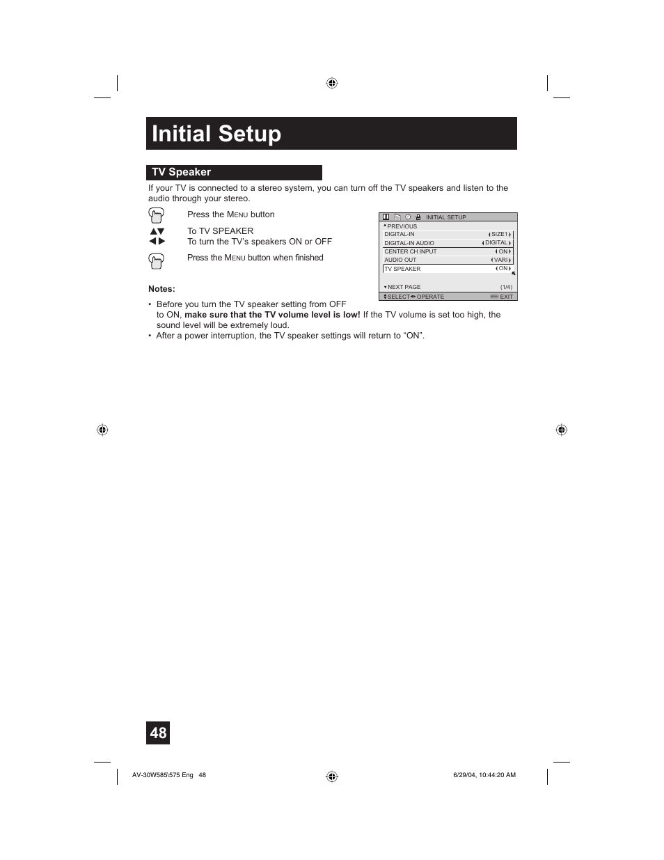 Initial setup, Tv speaker | JVC AV 30W575 User Manual | Page 48 / 72
