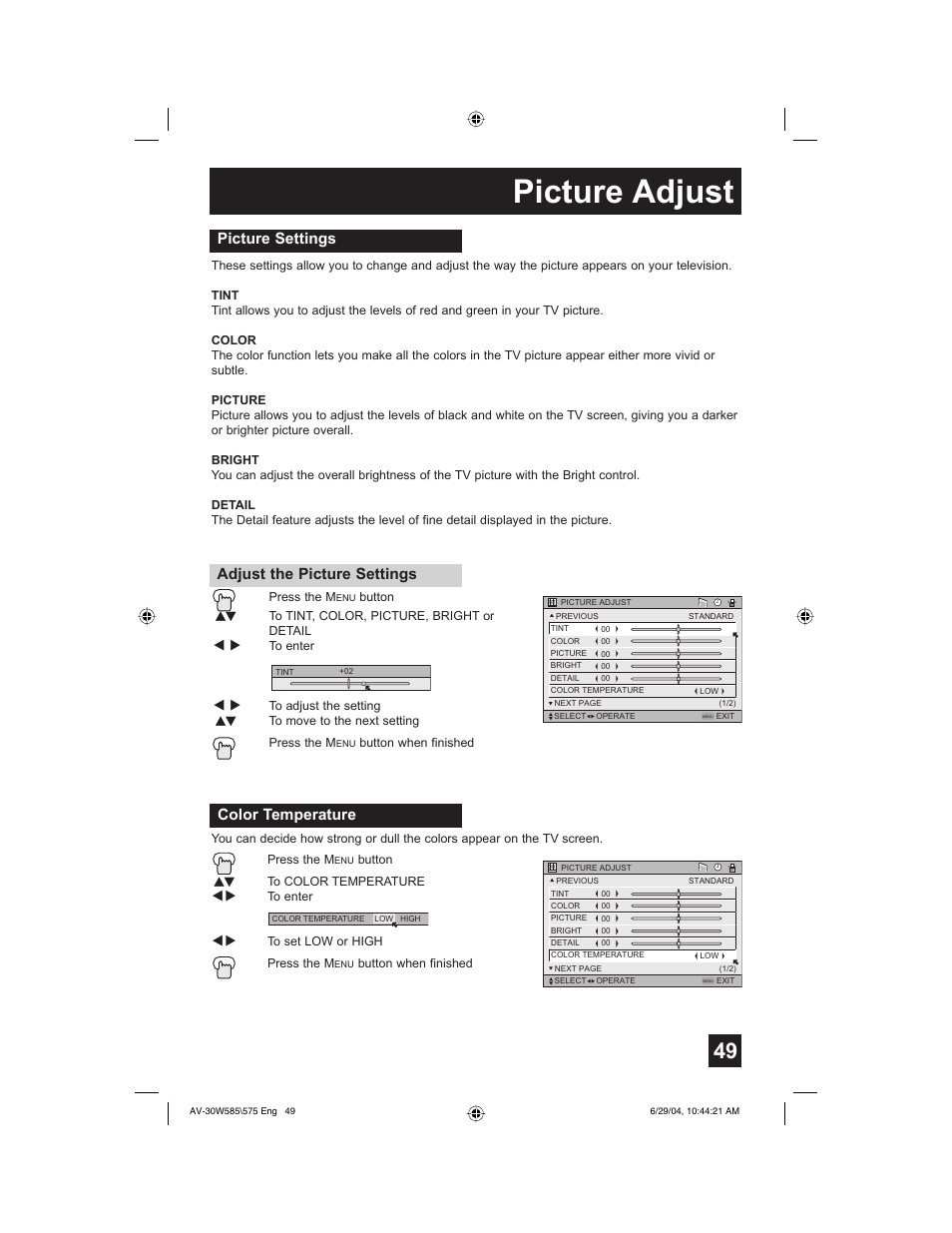 Picture adjust, Picture settings adjust the picture settings, Color temperature | JVC AV 30W575 User Manual | Page 49 / 72