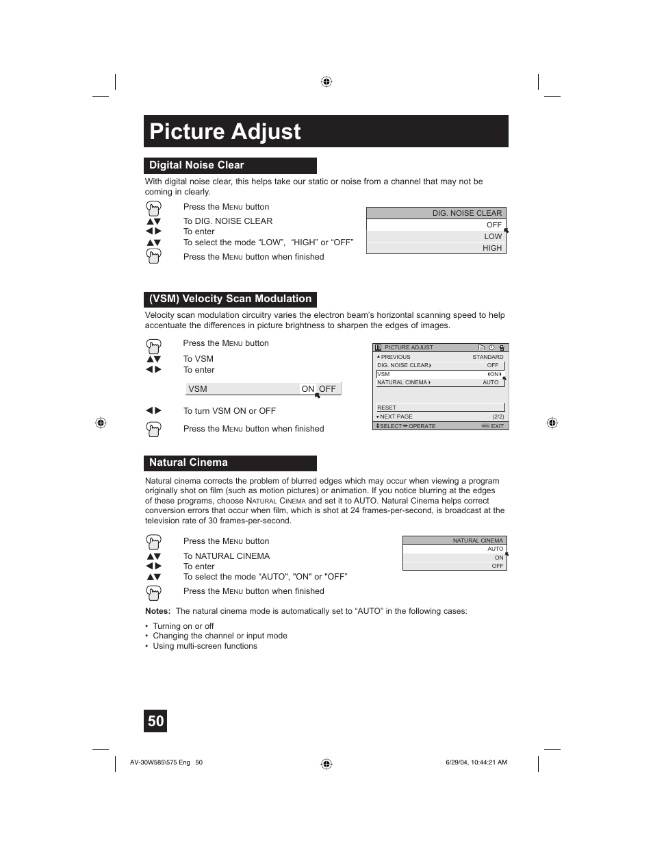 Picture adjust, Vsm) velocity scan modulation, Digital noise clear | Natural cinema | JVC AV 30W575 User Manual | Page 50 / 72