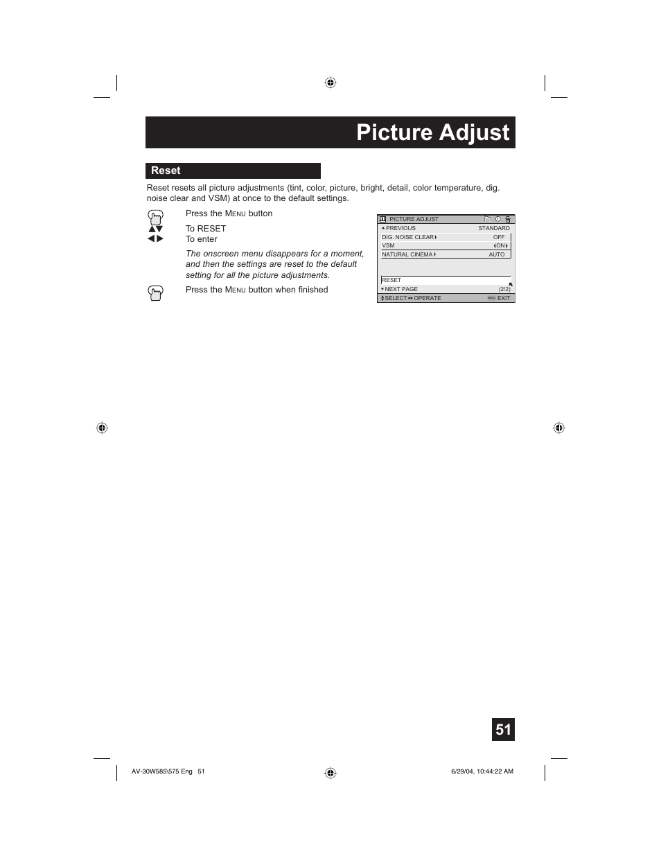 Picture adjust, Reset | JVC AV 30W575 User Manual | Page 51 / 72