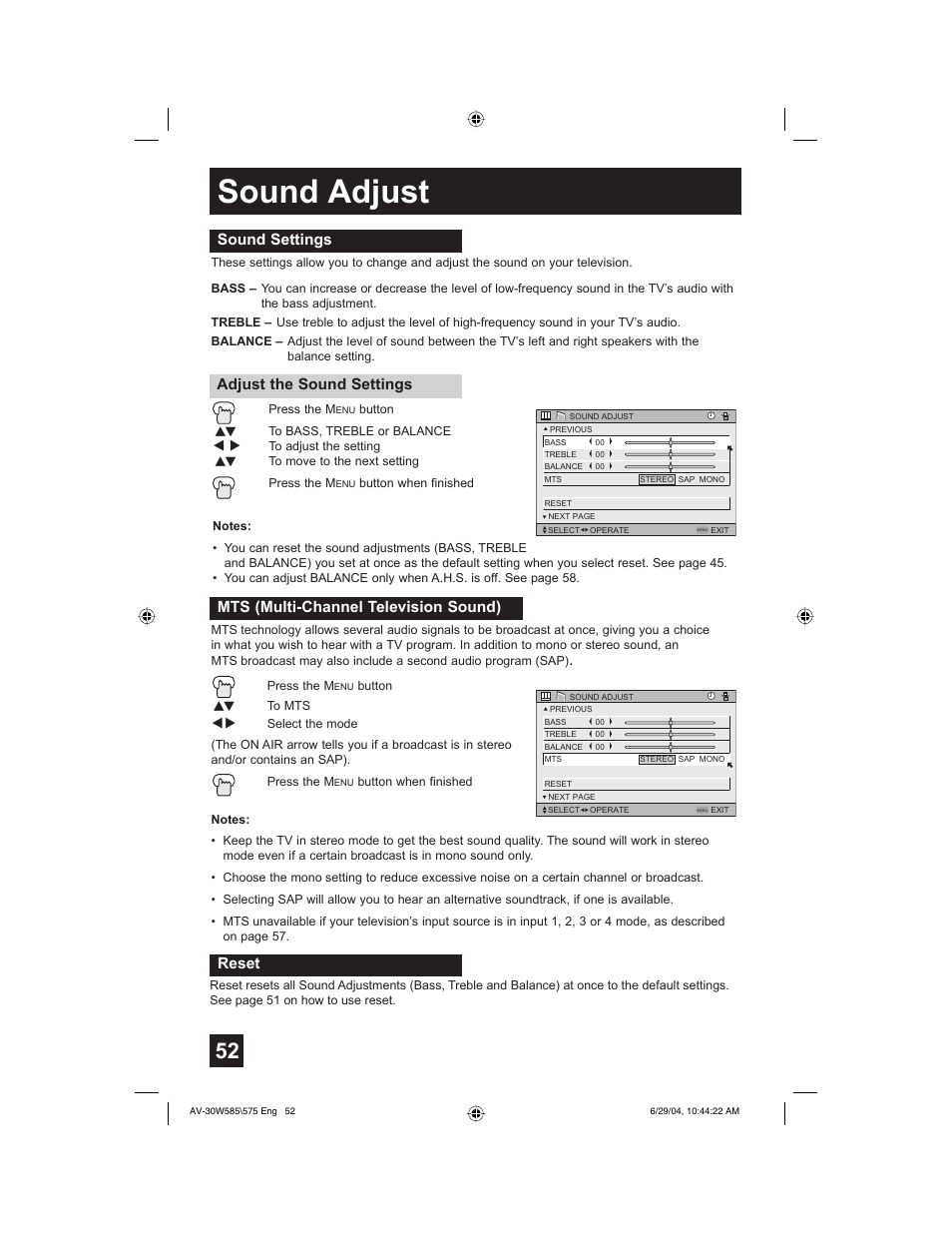 Sound adjust | JVC AV 30W575 User Manual | Page 52 / 72