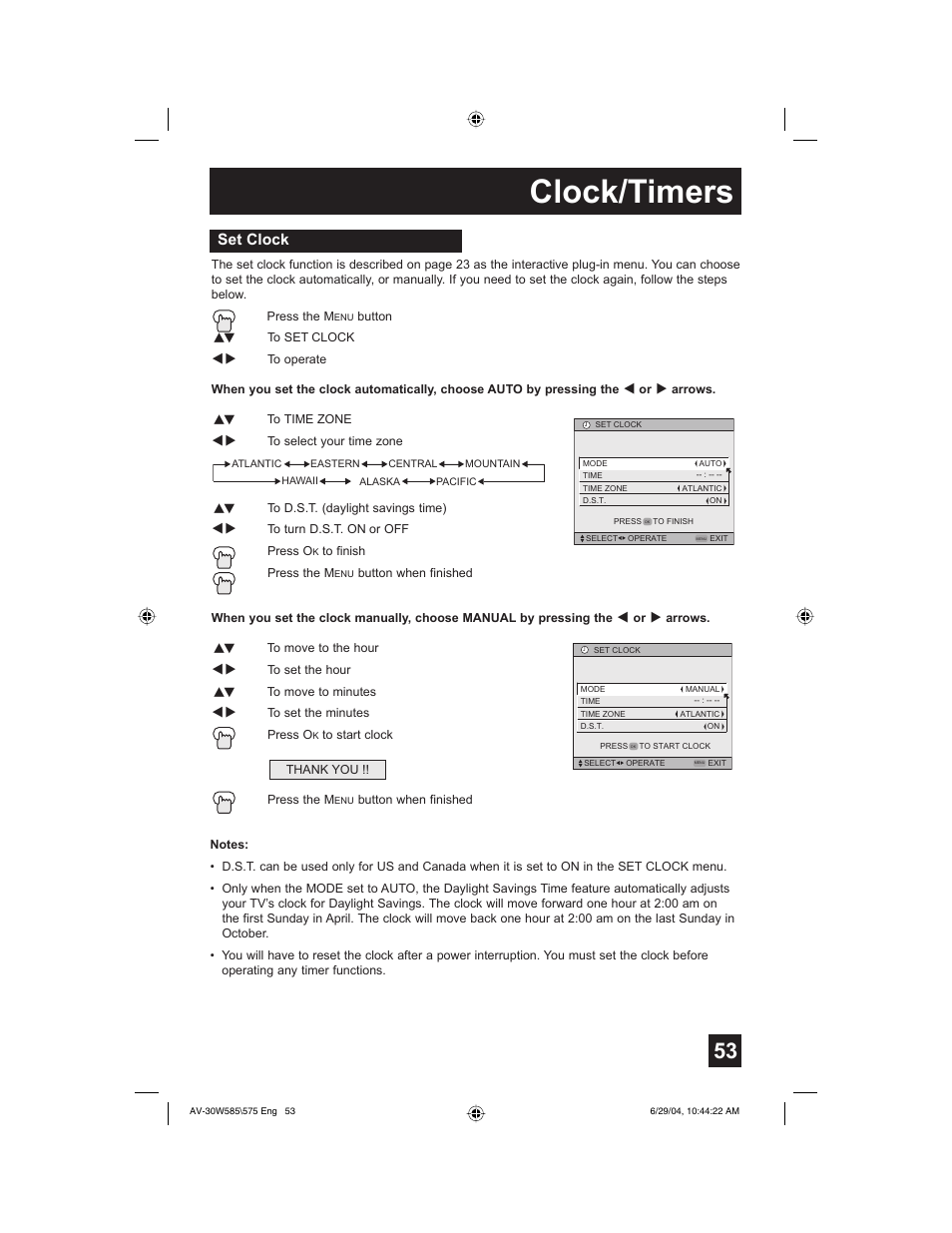 Clock/timers, Set clock | JVC AV 30W575 User Manual | Page 53 / 72