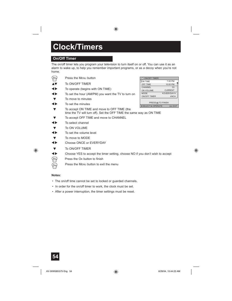Clock/timers, On/off timer | JVC AV 30W575 User Manual | Page 54 / 72