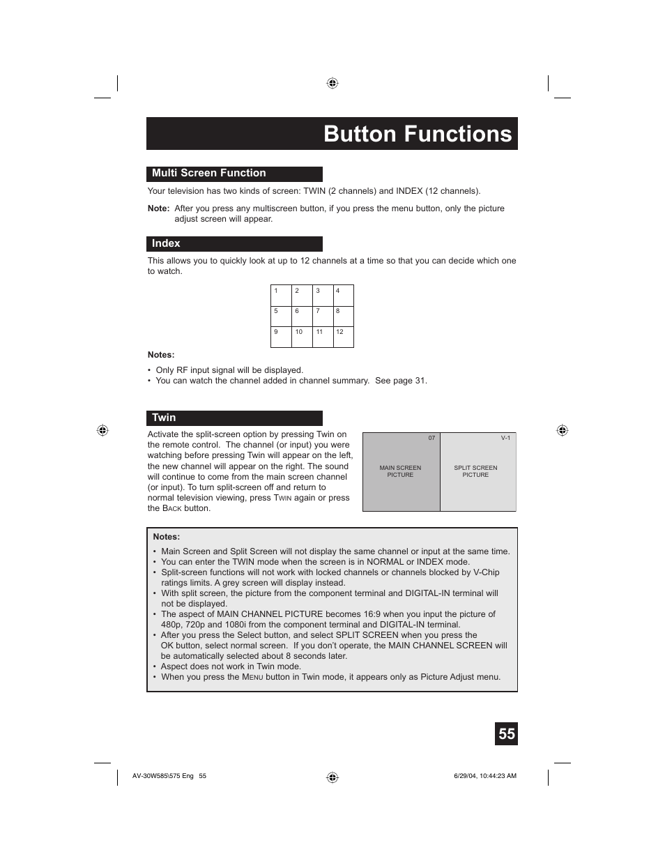 Button functions, Multi screen function, Index | Twin | JVC AV 30W575 User Manual | Page 55 / 72