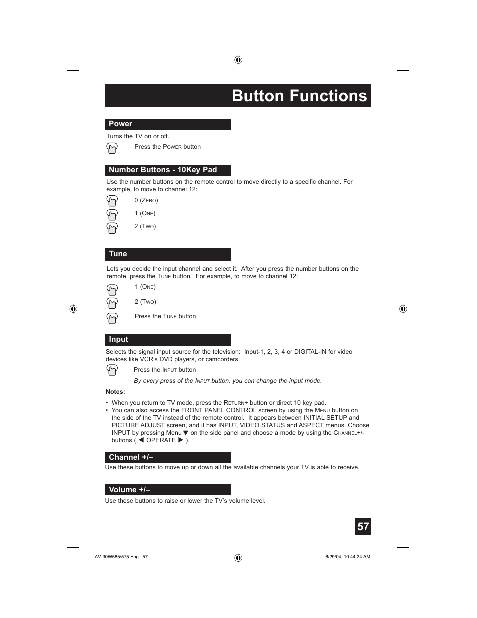 Button functions | JVC AV 30W575 User Manual | Page 57 / 72
