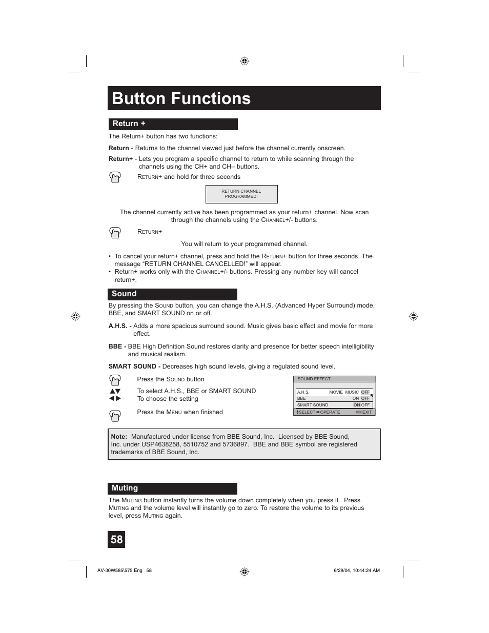Button functions, Return, Sound | Muting | JVC AV 30W575 User Manual | Page 58 / 72