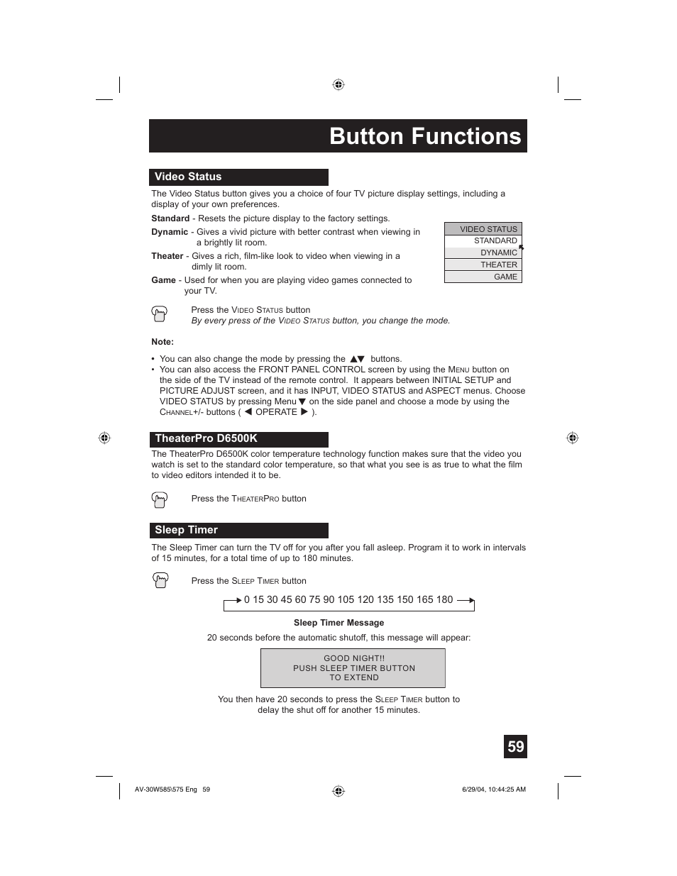 Button functions | JVC AV 30W575 User Manual | Page 59 / 72