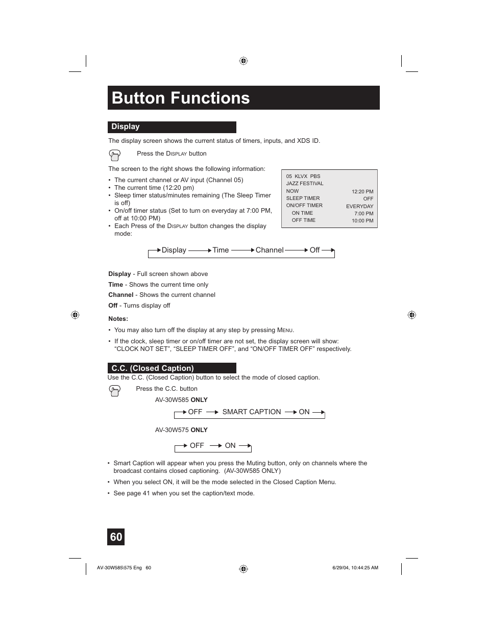 Button functions | JVC AV 30W575 User Manual | Page 60 / 72
