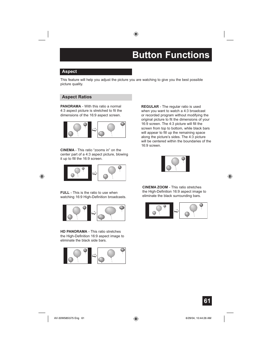 Button functions | JVC AV 30W575 User Manual | Page 61 / 72