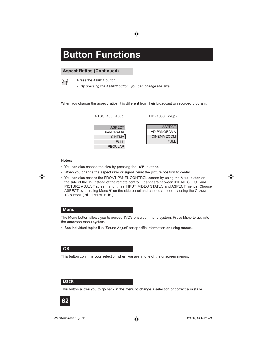 Button functions | JVC AV 30W575 User Manual | Page 62 / 72