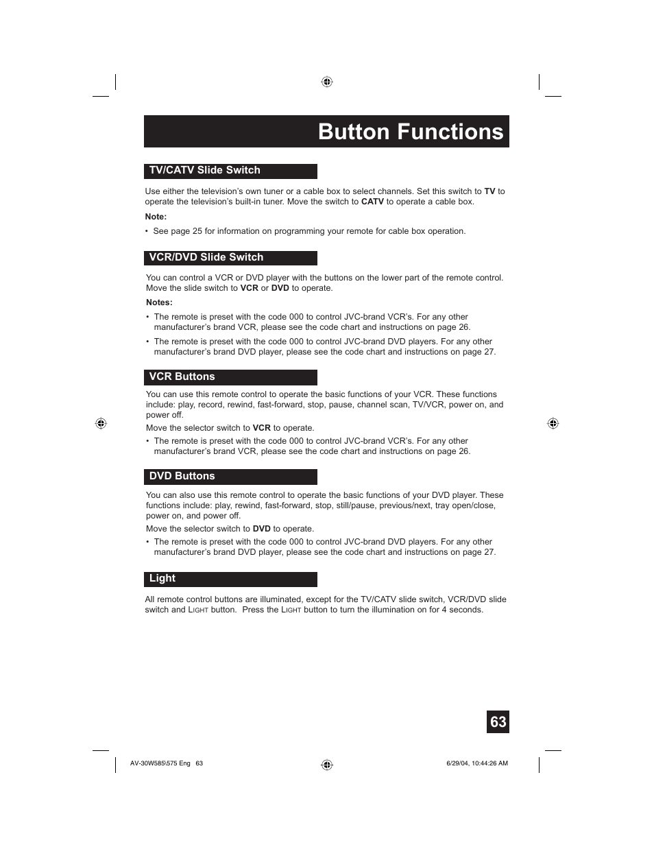 Button functions | JVC AV 30W575 User Manual | Page 63 / 72