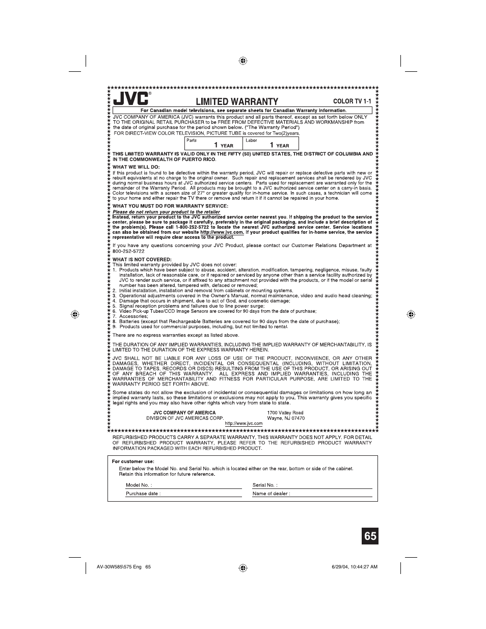 JVC AV 30W575 User Manual | Page 65 / 72