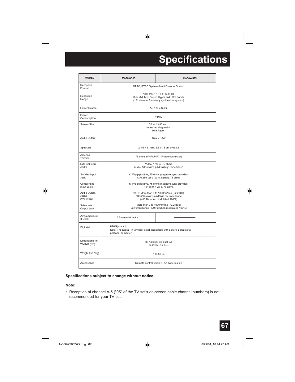 Specifications | JVC AV 30W575 User Manual | Page 67 / 72