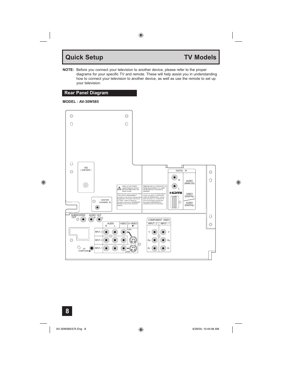 8quick setup tv models, Rear panel diagram | JVC AV 30W575 User Manual | Page 8 / 72