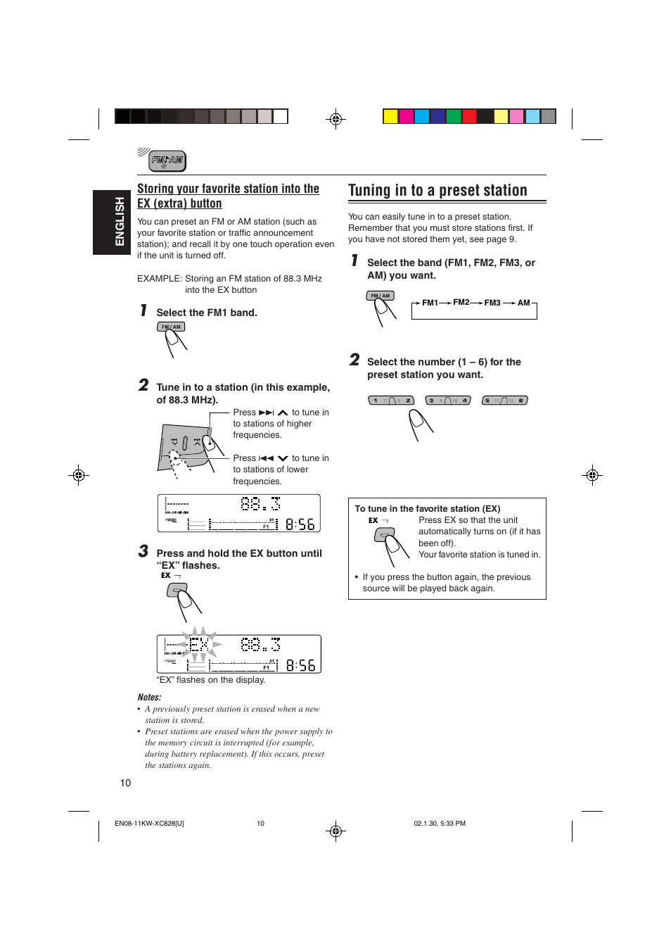 Tuning in to a preset station | JVC KW-XC828 User Manual | Page 10 / 44