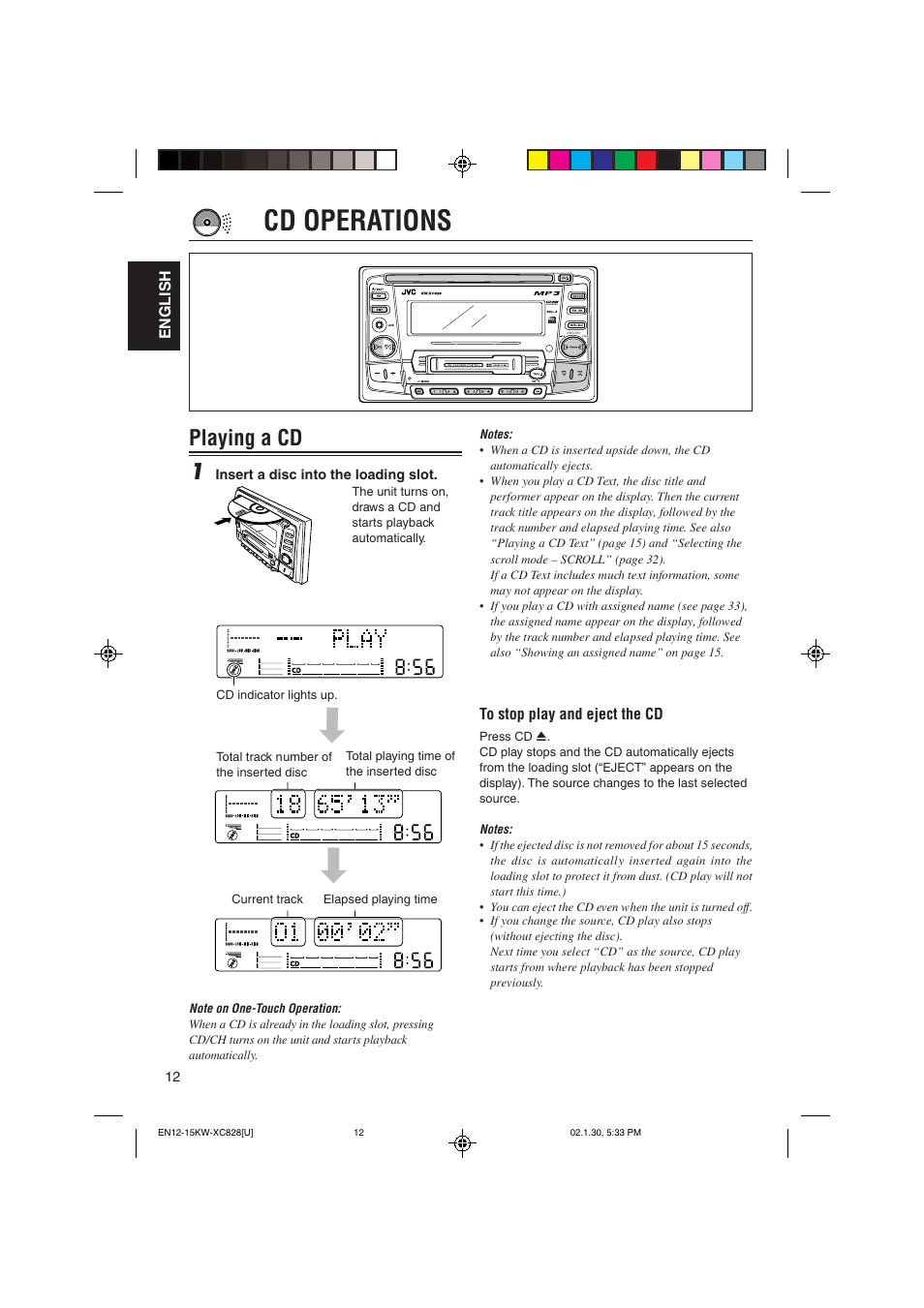 Cd operations, Playing a cd 1 | JVC KW-XC828 User Manual | Page 12 / 44