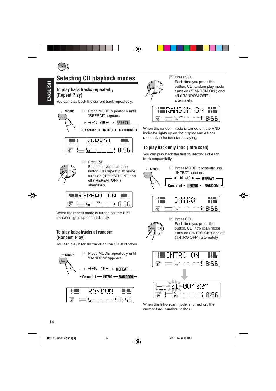 Selecting cd playback modes | JVC KW-XC828 User Manual | Page 14 / 44