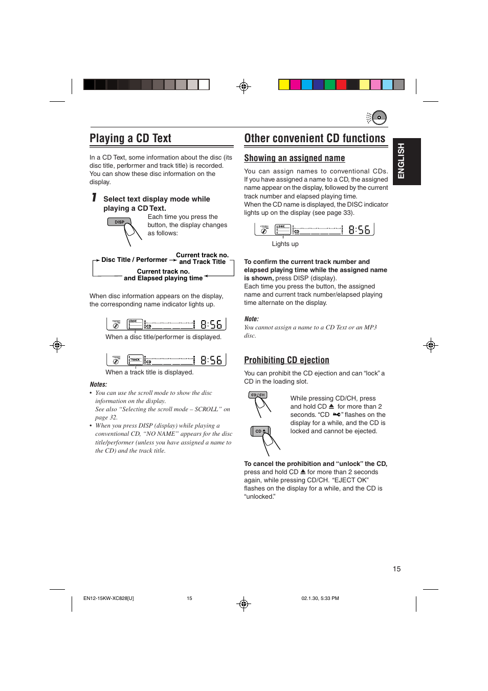 Other convenient cd functions, Playing a cd text, Prohibiting cd ejection | Showing an assigned name | JVC KW-XC828 User Manual | Page 15 / 44