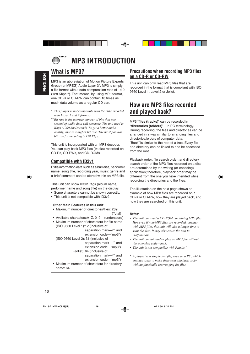 Mp3 introduction, What is mp3, How are mp3 files recorded and played back | Compatible with id3v1 | JVC KW-XC828 User Manual | Page 16 / 44