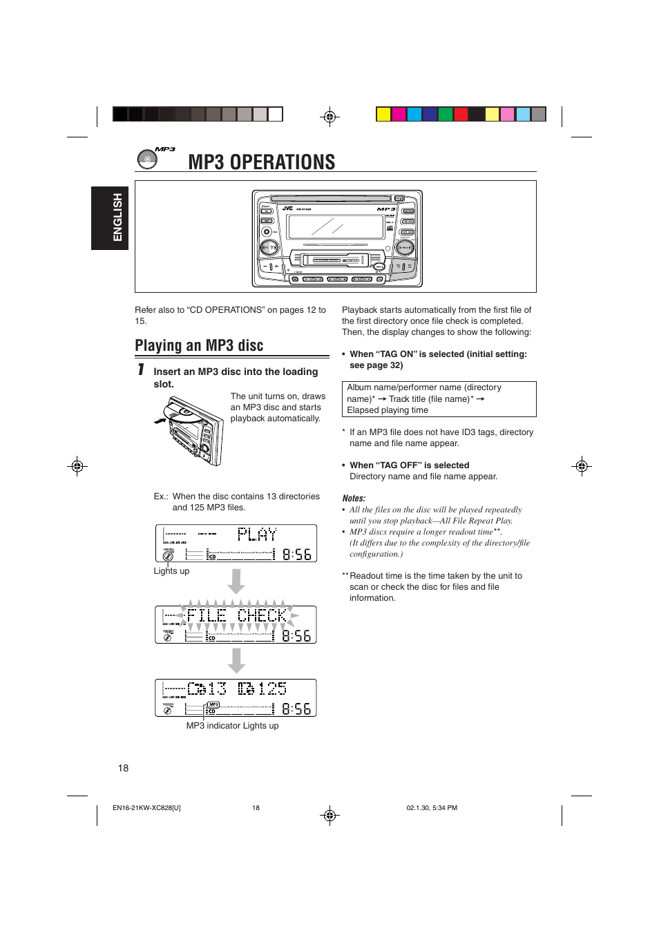 Mp3 operations, Playing an mp3 disc 1 | JVC KW-XC828 User Manual | Page 18 / 44