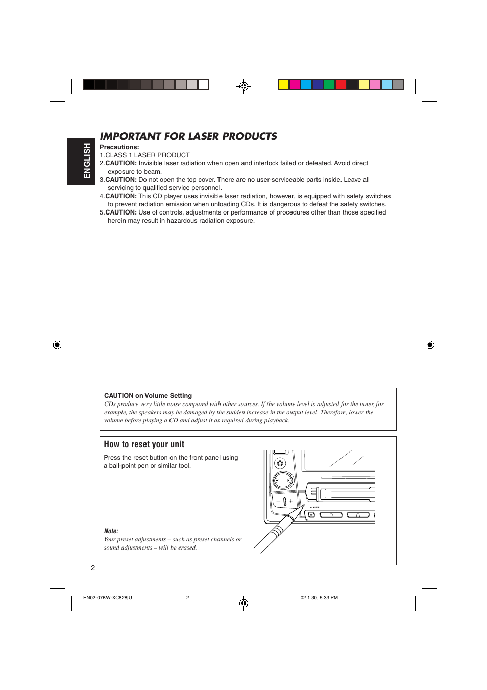 Important for laser products, How to reset your unit, English | JVC KW-XC828 User Manual | Page 2 / 44