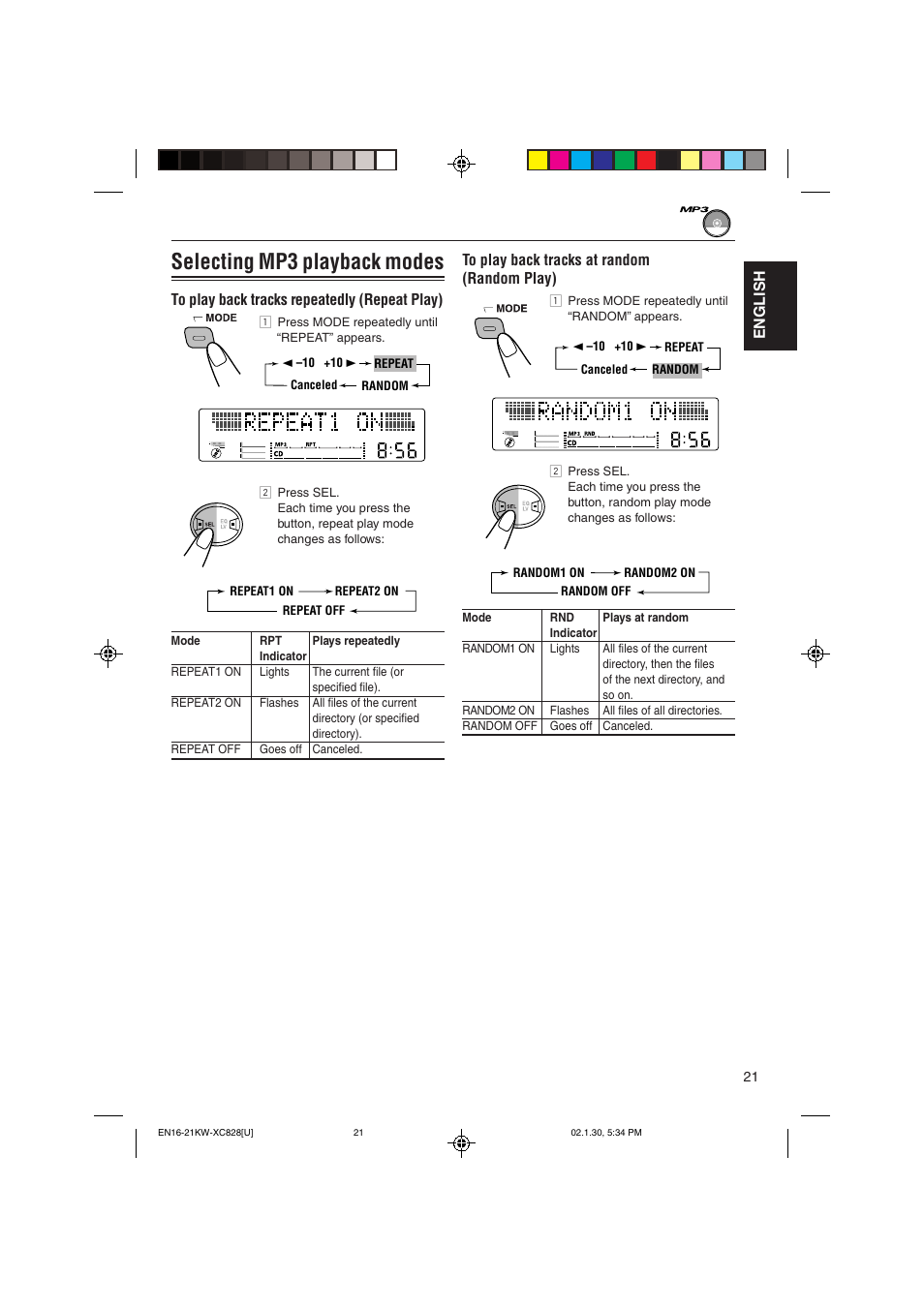 Selecting mp3 playback modes | JVC KW-XC828 User Manual | Page 21 / 44