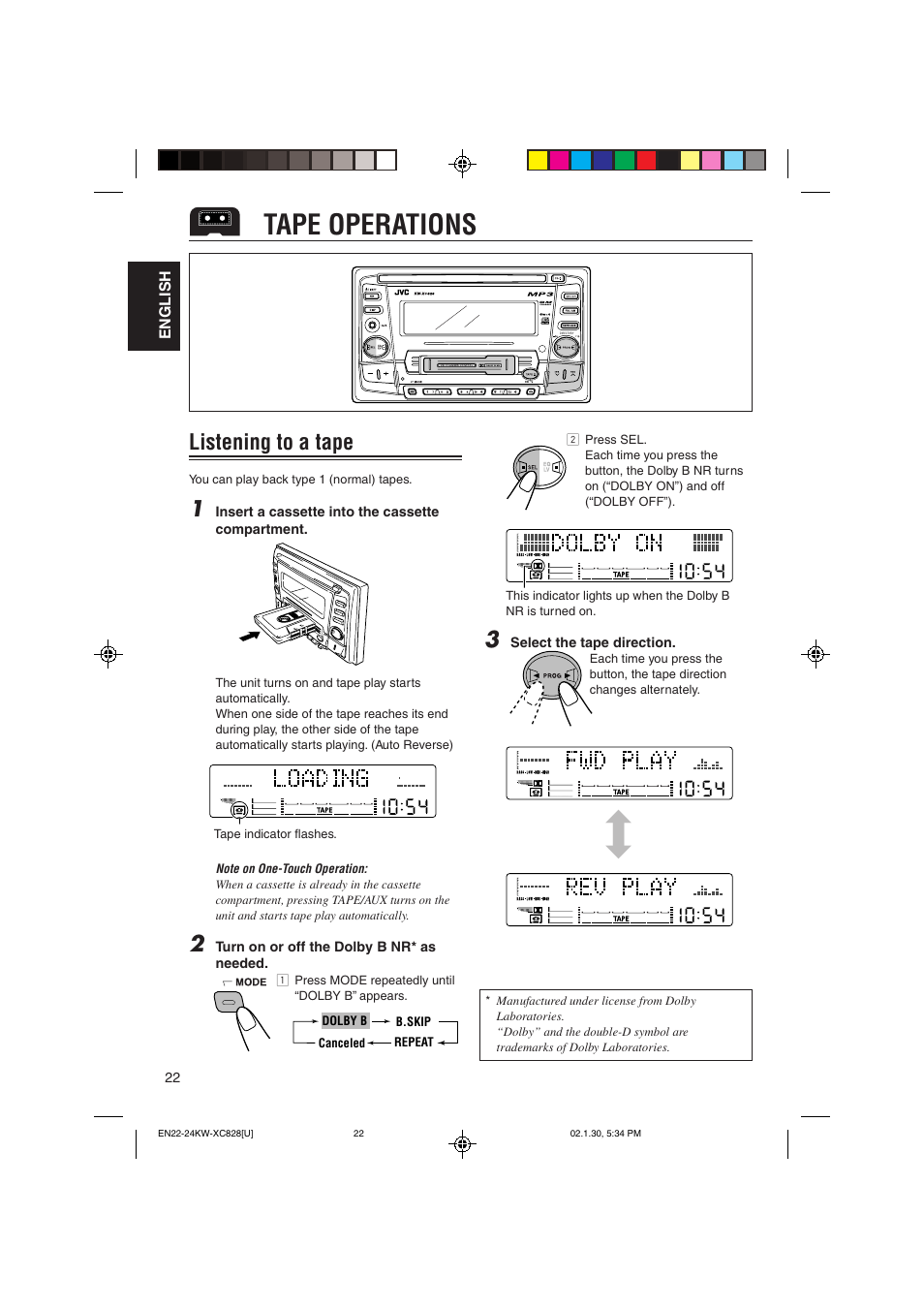 Tape operations, Listening to a tape | JVC KW-XC828 User Manual | Page 22 / 44