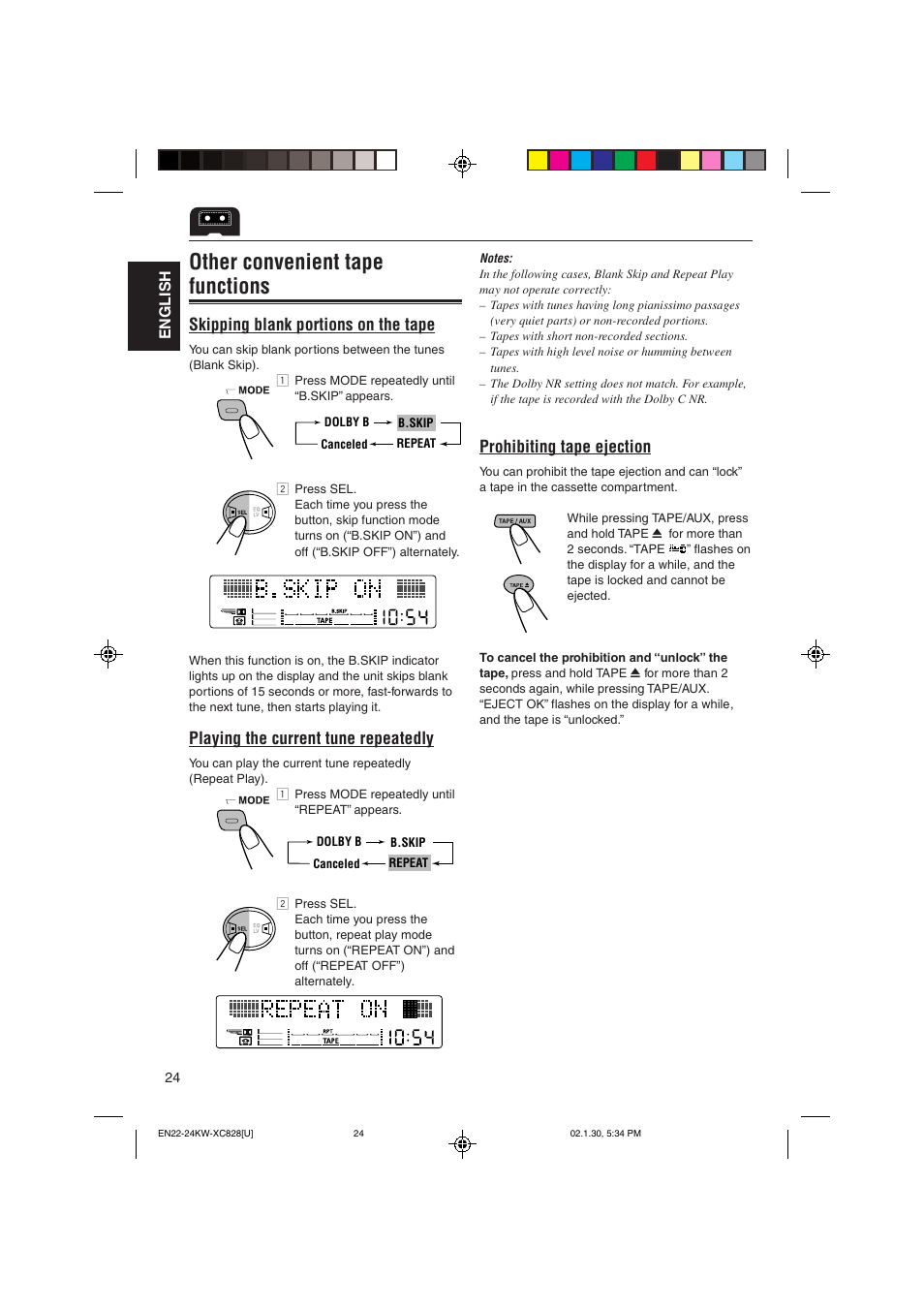 Other convenient tape functions, Skipping blank portions on the tape, Playing the current tune repeatedly | Prohibiting tape ejection, English | JVC KW-XC828 User Manual | Page 24 / 44