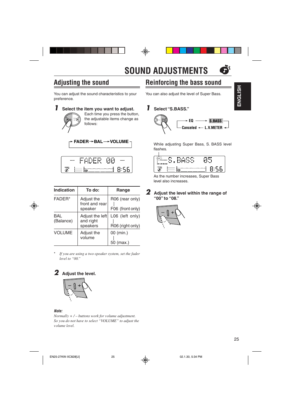 Sound adjustments, Reinforcing the bass sound, Adjusting the sound | JVC KW-XC828 User Manual | Page 25 / 44