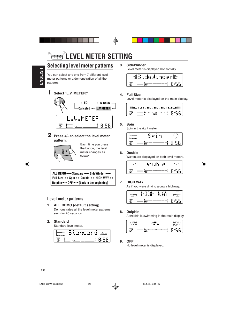 Level meter setting, Selecting level meter patterns | JVC KW-XC828 User Manual | Page 28 / 44