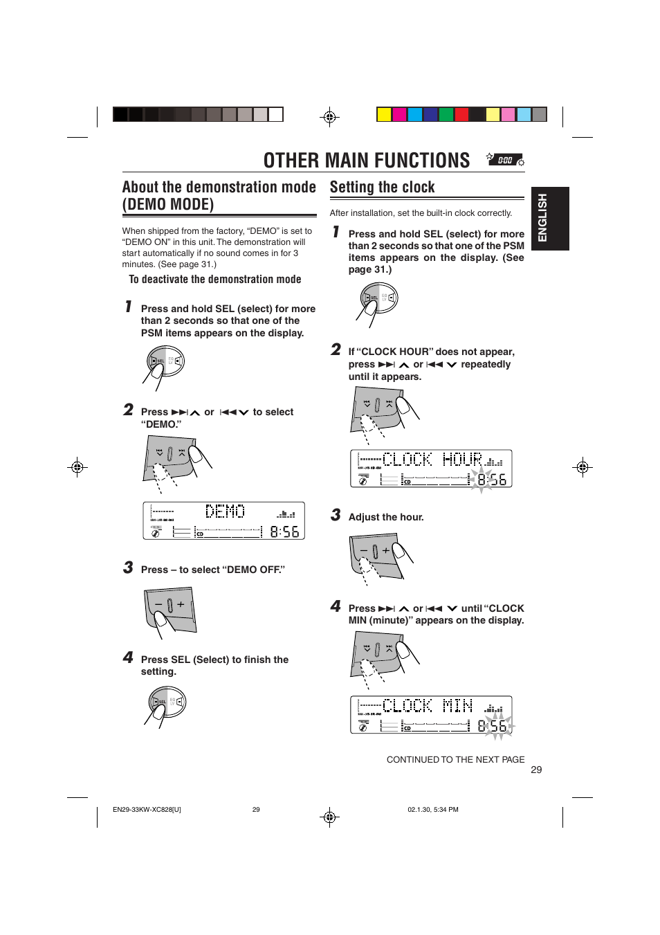 Other main functions, About the demonstration mode (demo mode), Setting the clock | JVC KW-XC828 User Manual | Page 29 / 44